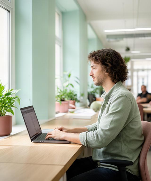 Nomade numérique travaillant sur un ordinateur dans un espace coworking lumineux à Lisses